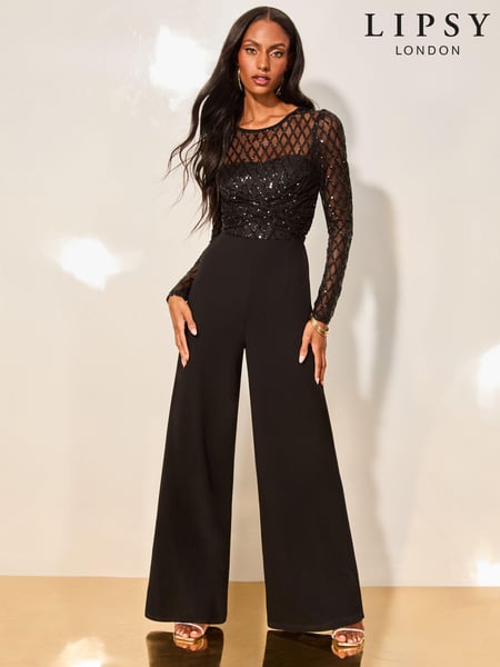 Lipsy Black Long Sleeve Cross Front Sequin Jumpsuit (E88038) | € 49