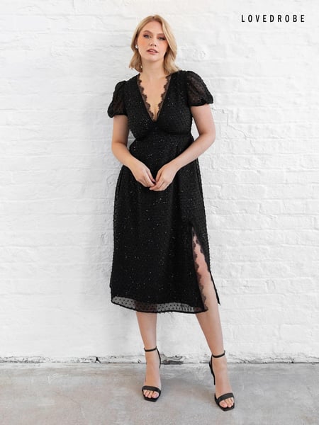 Lovedrobe Metallic Clipped Spot Lace Trim Midi Black Dress (E88245) | € 52