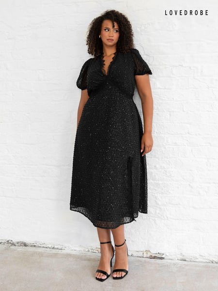 Lovedrobe Metallic Clipped Spot Lace Trim Midi Black Dress (E88253) | € 81