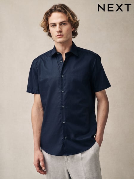 Navy Dobby Regular Fit 100% Cotton Short Sleeve Textured Shirt (E88669) | € 52