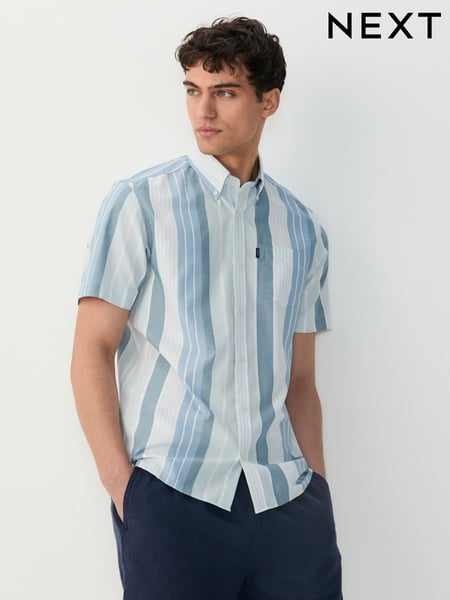 Light Blue/Denim Blue Short Sleeve With Button Down Collar Stripe Easy Iron Oxford Shirt (E88670) | € 36
