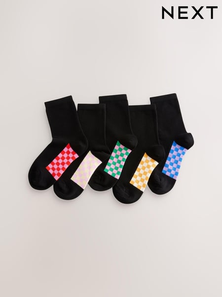 Black Checkerboard 5 Pack Cotton Rich Footbed Ankle School Socks (E89773) | € 11 - € 12