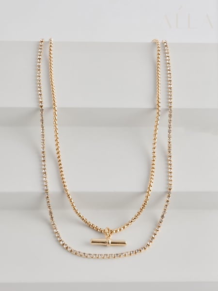 Aela Gold Tone T-Bar Pave Multirow Necklace (E89886) | € 26