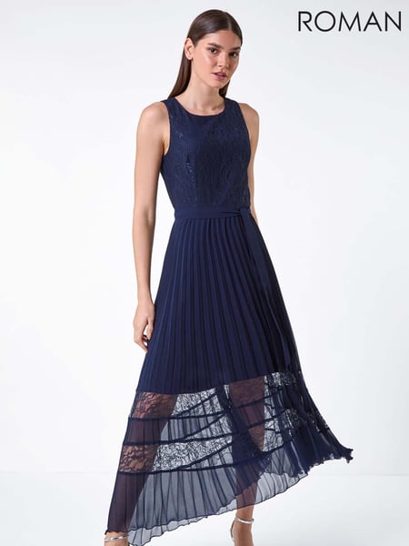 Roman Blue Pleated Lace Detail Midi Dress (E90051) | € 58