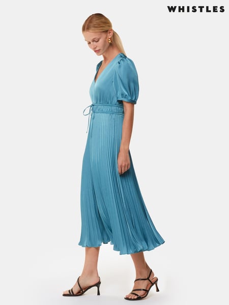 Whistles Blue Delilah Satin Pleat Dress (E90088) | € 310