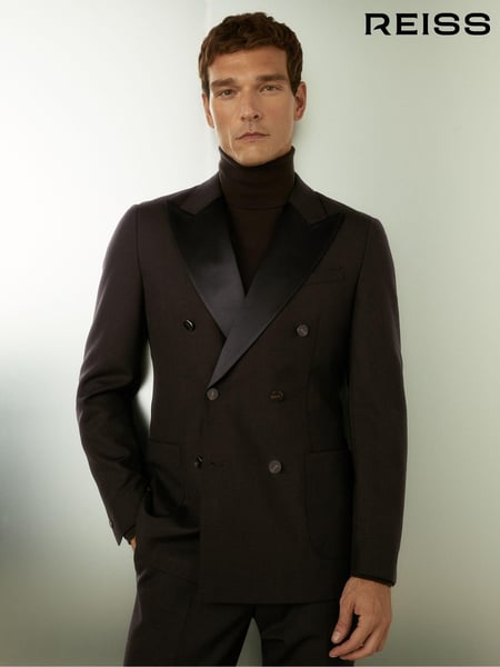 Reiss Brown Shadow Double-Breasted Tuxedo Jacket in Wool (E91963) | € 512