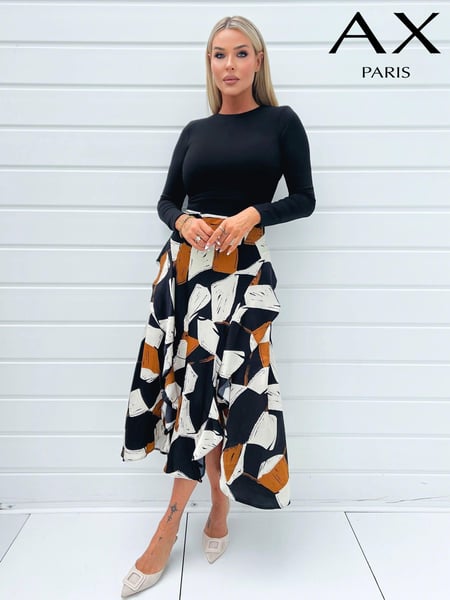 AX Paris Geometric Print 2 in 1 Long Sleeve Double Frill Split Black Midi Dress (E91967) | € 43