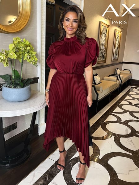 AX Paris High Neck Puff Sleeve Zig Zag Hem Pleated Midi Dress (E91968) | € 51