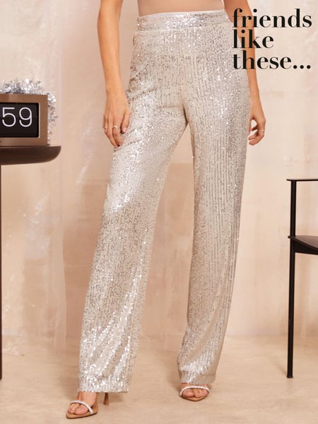 Friends Like These Champagne Gold Petite All Over Sequin Tailored Wide Leg Trousers (E92397) | € 45