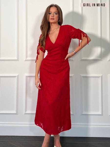 Girl In Mind Red Emily Tie Sleeve Midi Dress (E92790) | € 78