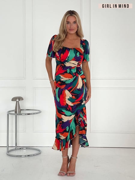 Girl In Mind Green Red Abstract Heidi Ruched Midi Dress (E92805) | € 34
