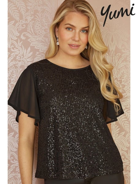 Yumi Black Sequin Top With Sheer Sleeves And Cut Out Back (E92879) | € 62