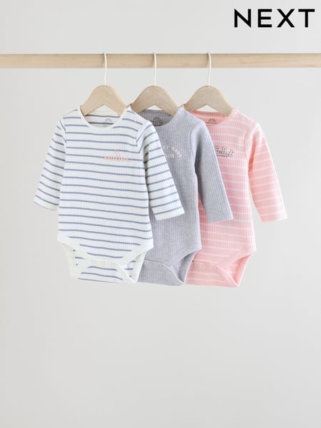 Pink Slogan Baby Long Sleeve Ribbed 100% Cotton Bodysuits 3 Pack (E92957) | € 17 - € 20