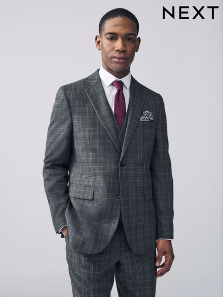 Charcoal Grey Tailored Fit Trimmed Check Suit Jacket (E93045) | € 125