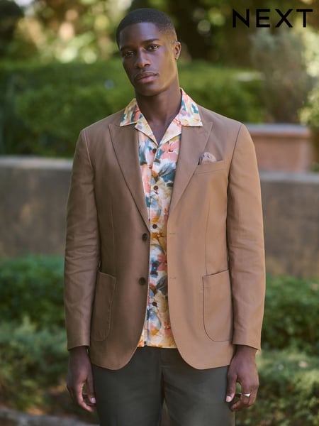 Brown Regular Fit Cotton Blend Blazer With Linen and Lyocell (E93121) | € 127
