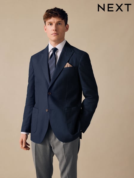 Navy Regular Fit Cotton Blend Blazer With Linen and Lyocell (E93124) | € 127