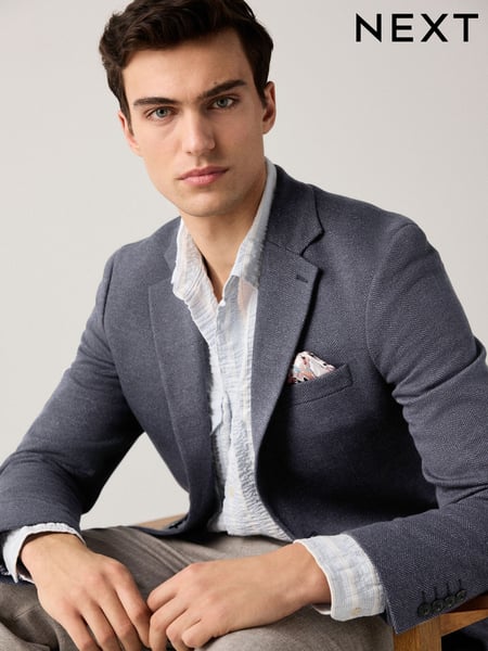 Navy Blue Slim Fit Herringbone Jersey Blazer (E93129) | € 118
