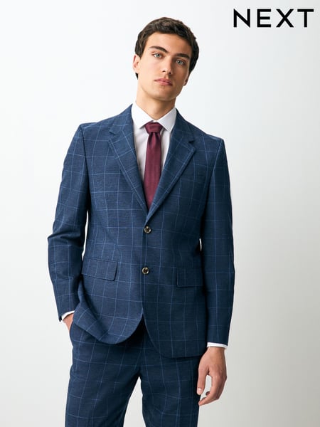 Navy Linen Blend Check Slim Suit Jacket (E93259) | € 148