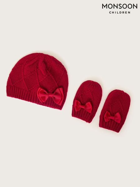 Monsoon Red Baby Bow Hat and Mittens Set (E93426) | € 19