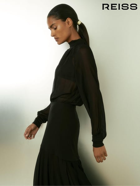 Reiss Black Octivia Sheer Jersey Gathered Maxi Dress (E93701) | € 387