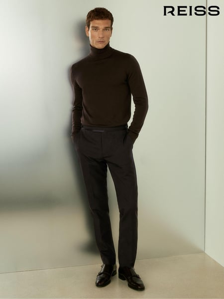Reiss Brown Shadow Wool Tuxedo Trousers Slim Fit (E93724) | € 262