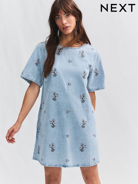 Bleach Floral Embroidered 100% Cotton Short Sleeve Denim T-Shirt Dress (E94258) | € 55
