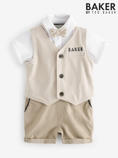 Baker by Ted Baker Stone 100% Cotton Smart Bow Tie Rompersuit (E94381) | € 51 - € 55