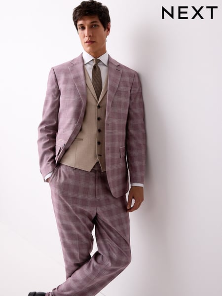 Pink Regular Fit Trimmed Check Suit Jacket (E94475) | € 148