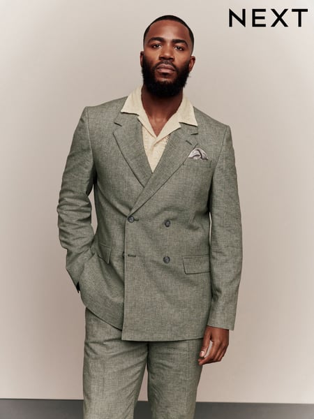Green Tailored Fit Textured Linen Double Breasted Suit Jacket (E94568) | € 148