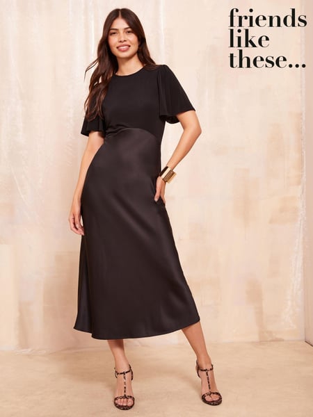 Friends Like These Black Flutter Sleeve Satin 2 In 1 Midi Dress (E95068) | € 33