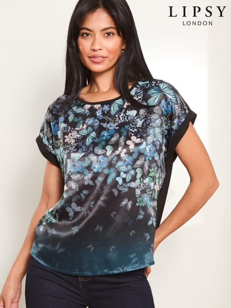 Lipsy Blue Round Neck Printed Satin T-Shirt (E95536) | € 21