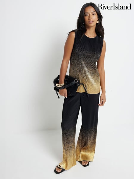 River Island Black Petite Ombre Foil Plisse Trousers (E96889) | € 62