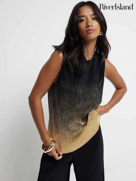 River Island Black Petite Ombre Foil Plisse Vest Top (E96890) | € 12
