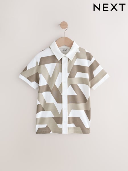 Stone/White 100% Cotton Geo Short Sleeve Polo Shirt (3-16yrs) (E98654) | € 17 - € 24