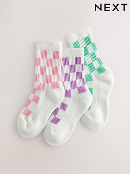 White, Pink, Purple and Green 3 Pack Cotton Rich Checkerboard Cushioned Sole Ankle Socks (E99467) | € 8 - € 11