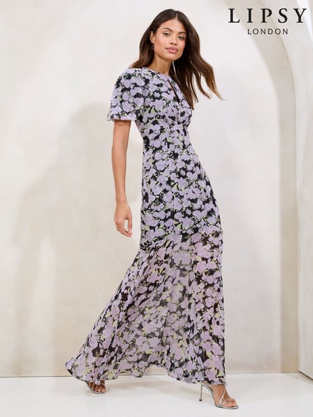 Purple Floral Puff Sleeve Chiffon Underbust Maxi Dress (F00771) | € 101