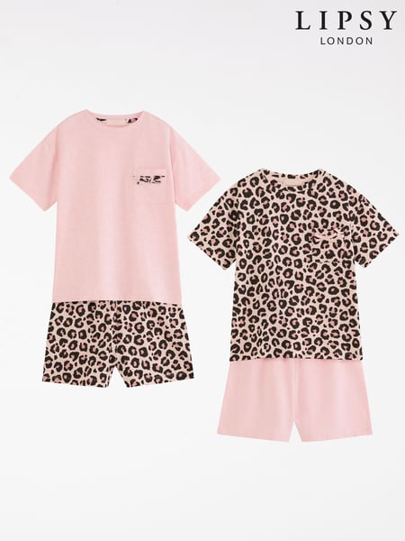 Lipsy Pink Leopard Printed Jersey Cotton Pyjamas 2 Pack (5-16yrs) (F02203) | € 47 - € 72