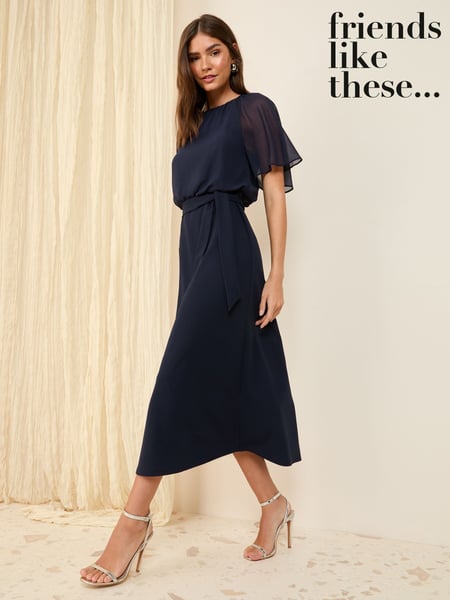 Friends Like These Navy Blue Scuba Chiffon Flutter Sleeve Midi Dress (F03403) | € 72