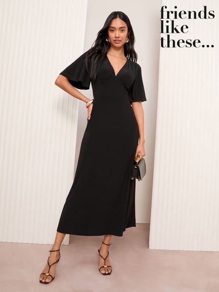 Friends Like These Black V-Neck ITY Flutter Sleeve Midi Dress (F03410) | € 61
