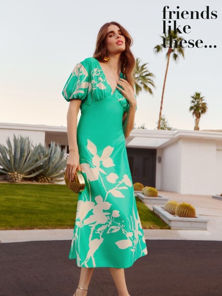 Friends Like These Green Floral V-Neck Satin Puff Sleeve Midi Dress (F03432) | € 76