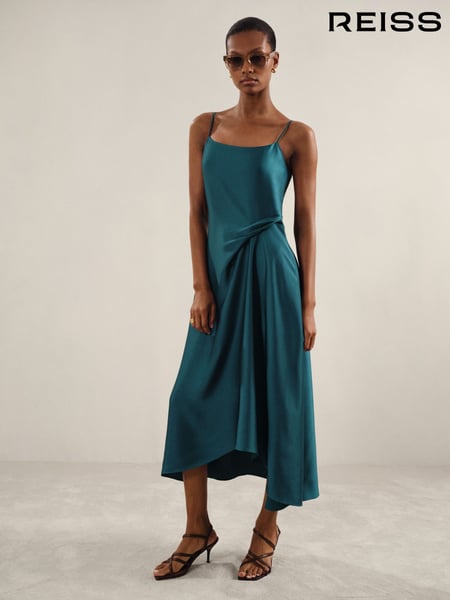 Reiss Teal Zoey Petite Satin Drape-Detail Slip Dress (F04017) | € 265