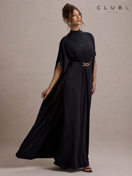 Club L London Black Olessia Belted Gathered Cape-Sleeve Maxi Dress (F05660) | € 148