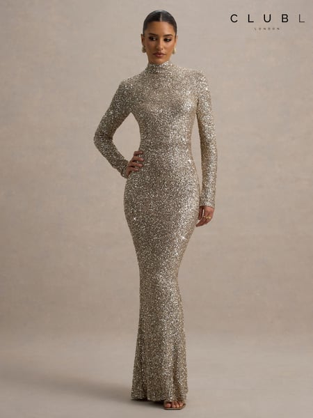 Club L London Gold Galaxy Sequin Turtle Neck Long Sleeve Maxi Dress (F05661) | € 281