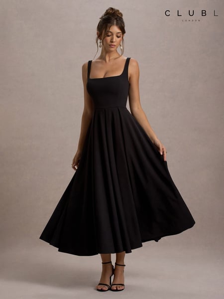 Club L London Black Parina Strappy Volume Hem Midi Dress (F05668) | € 148