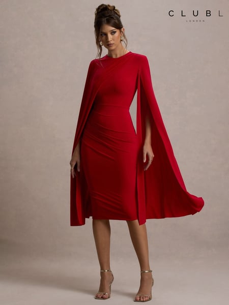Club L London Red Marysol Asymmetric  Cape Midi Dress (F05673) | € 54