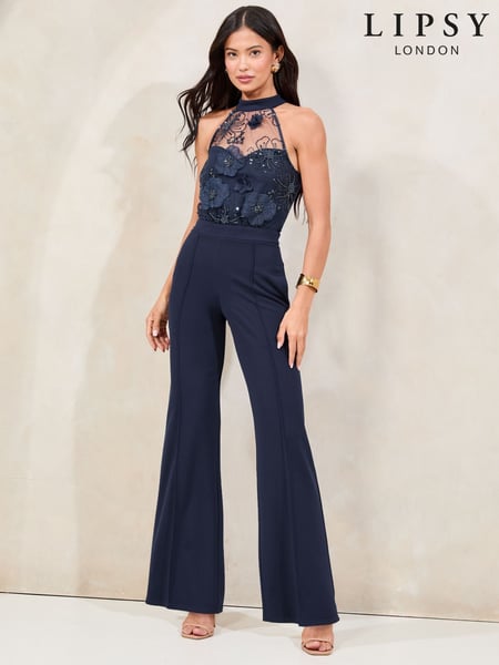 Lipsy Navy Petite Halter Sequin Embellished Lace Top Jumpsuit (F05831) | € 108