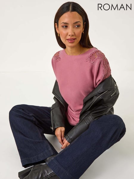 Roman Pink Hotfix Embellished Sleeve Knit Jumper (F06953) | € 66