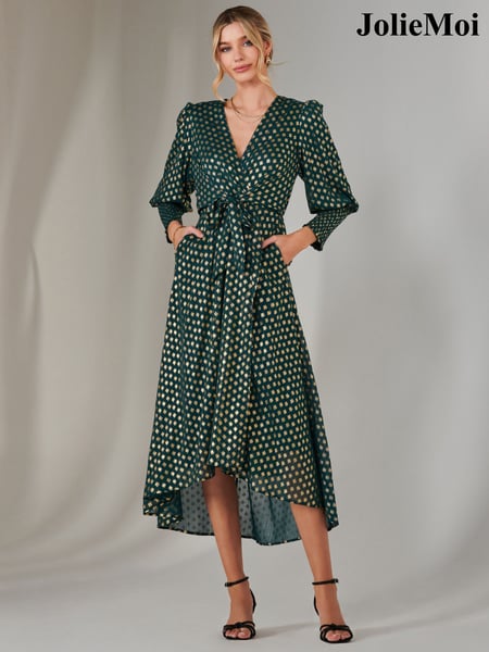 Jolie Moi Green Metallic Spot Print Puffy Sleeve Maxi Dress (F07218) | € 123