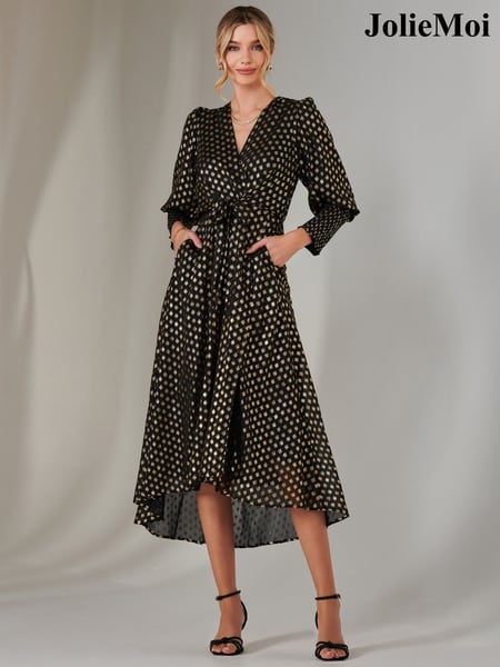 Jolie Moi Black Metallic Spot Print Puffy Sleeve Maxi Dress (F07224) | € 123