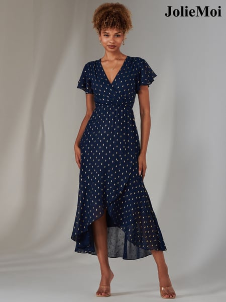 Jolie Moi Blue Metallic Spot Textured Chiffon Maxi Dress (F07227) | € 117